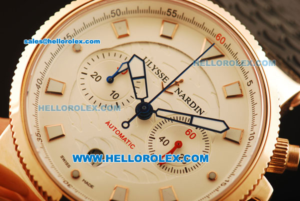Ulysse Nardin Maxi Marine Chronograph Swiss Valjoux 7750 Automatic Movement Rose Gold Case with White Dial and Black Rubber Strap - Click Image to Close
